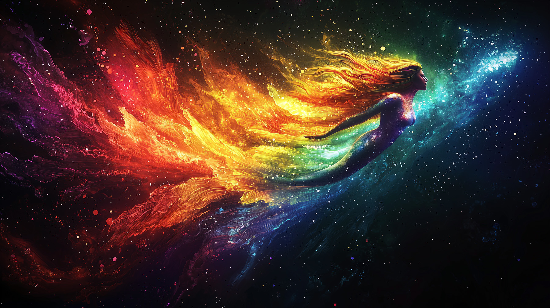 Colorful digital art of a phoenix in flight with a fiery tail.